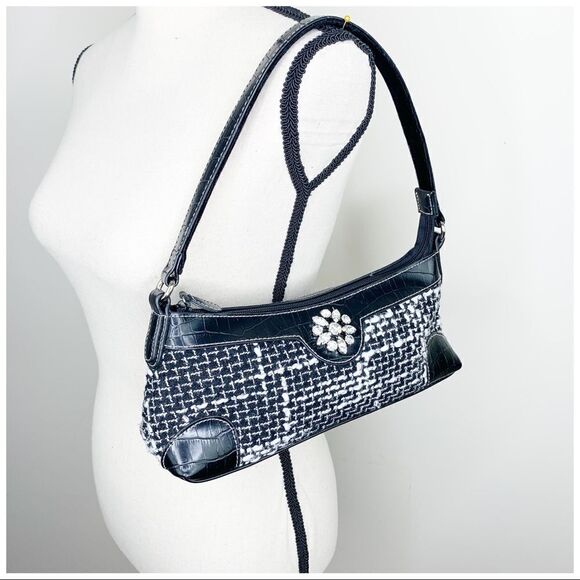 B/W Tweed and Black Leather Small Shoulder Bag Crystal Embellishment - Picture 1 of 14